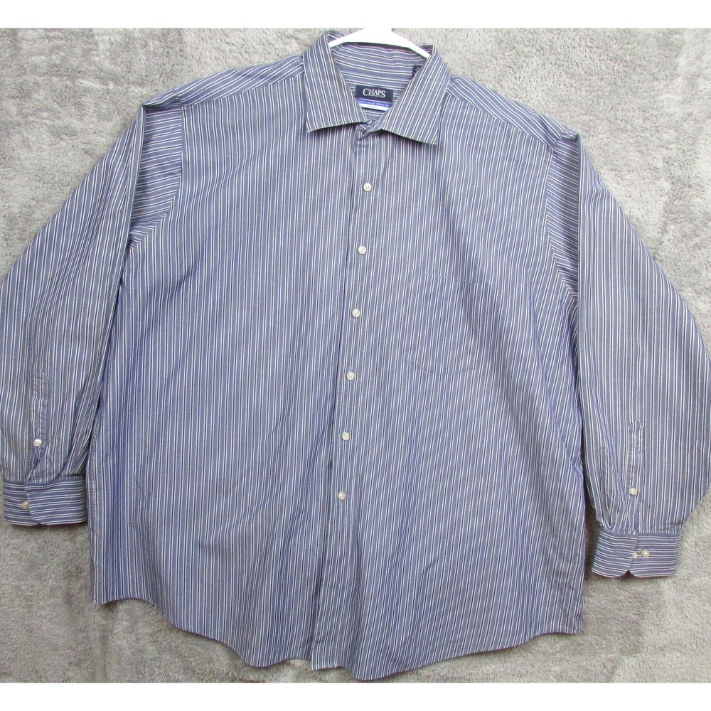 Chaps Dress Shirt Mens 19 34/35 Blue Stripe Big Fit Stretch Collar Wrinkle Free‎